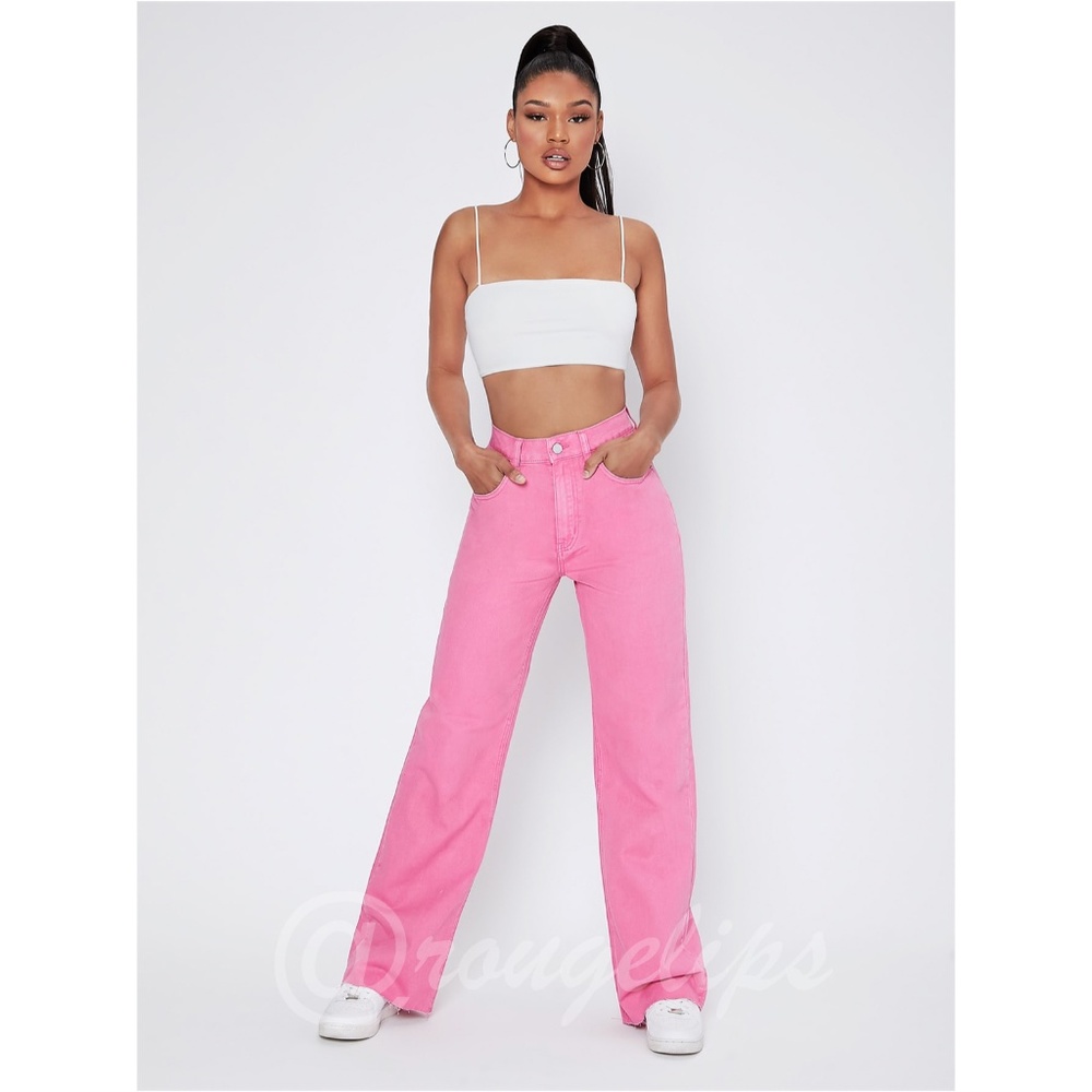 90s Style Pink Wide Leg Jeans High Waist Raw Hem